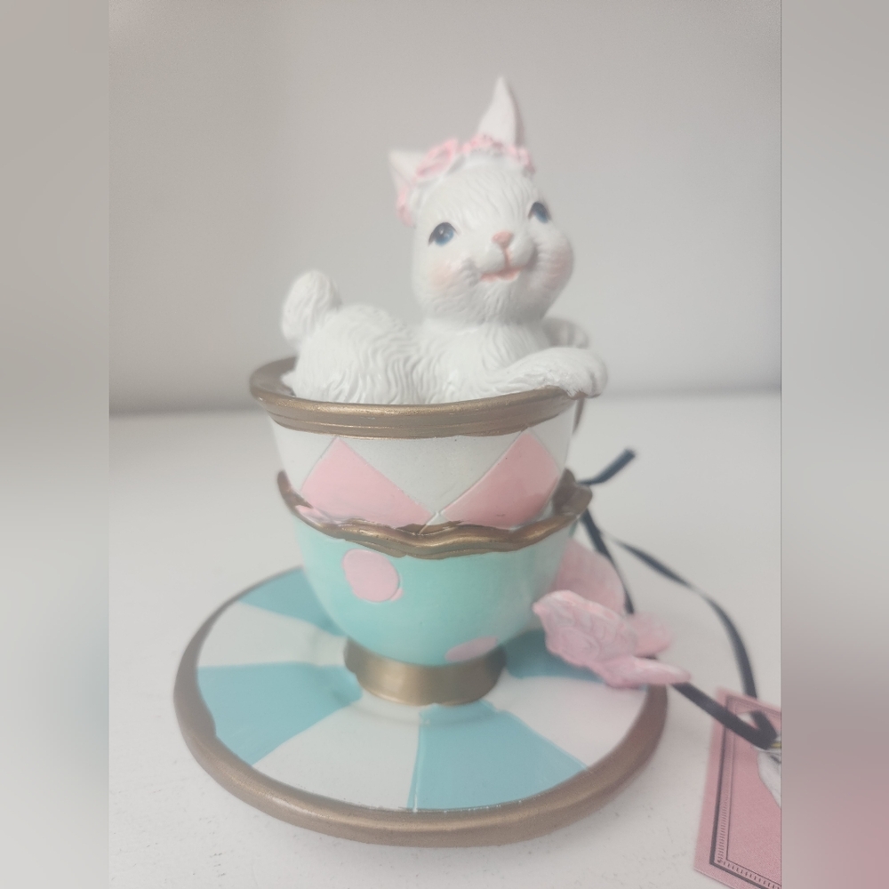 TopHat & Tails White Bunny Sitting In A Teacup Figurine with Pink Floral Crown - Picture 14 of 14